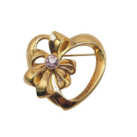 Avon Gold Tone Heart Brooch With Floral Pink Rhinestone Accent Vintage - Picture 1 of 4